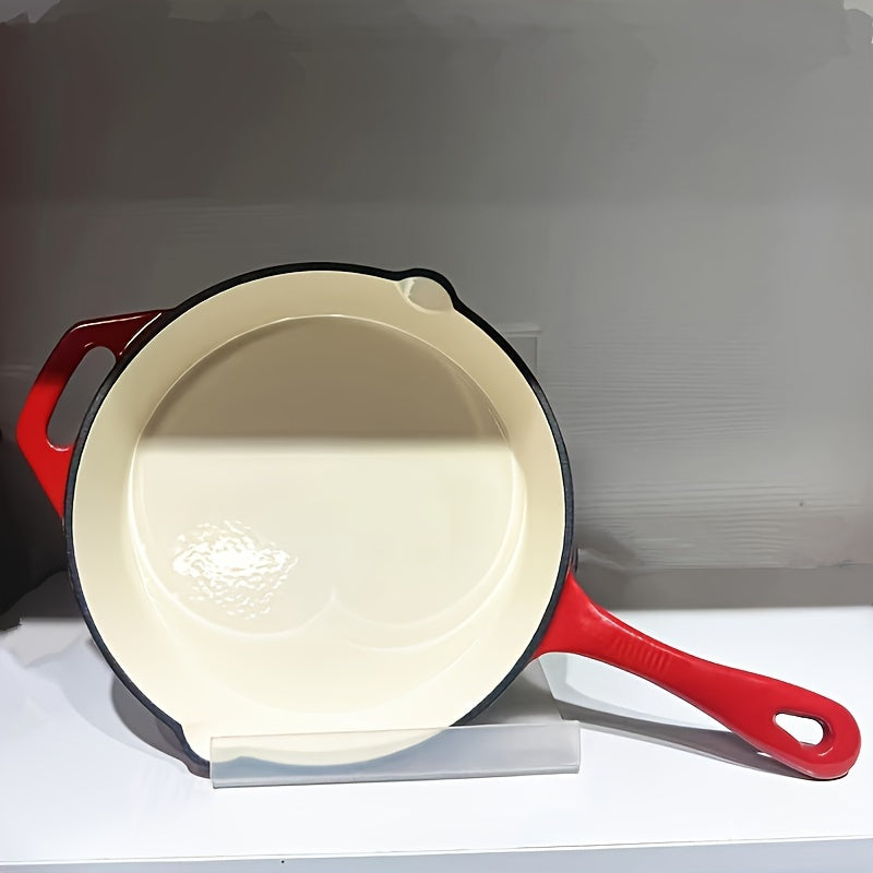 Durable 1pc Cast Iron Skillet with Enamel Non-Stick Coating - Oven Safe and Induction Compatible. Perfect for Cooking Eggs, Steak, Fish, and Pancakes with its Smooth Surface and Versatile Design. Features a Sturdy Cast Iron Handle for Easy Handling.