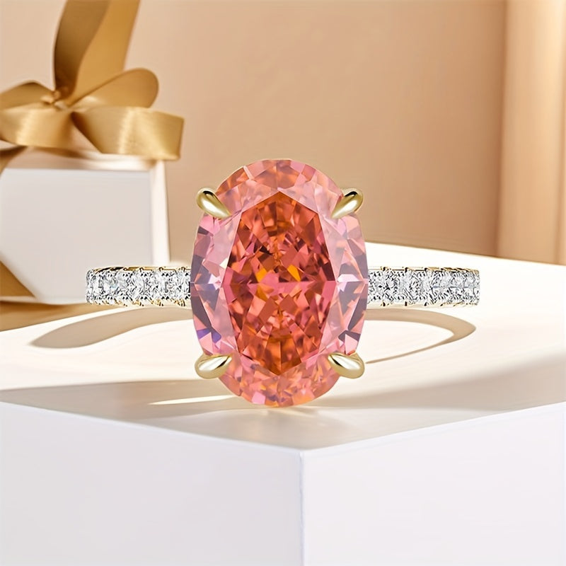 Introducing the MEETMAY S925 Classic Ring in Papalacha Lotus Pink, featuring a high-quality synthetic cubic zirconia ice cut oval measuring 8x10mm. This elegant Western-style ring is versatile for all seasons, perfect for daily wear or special occasions