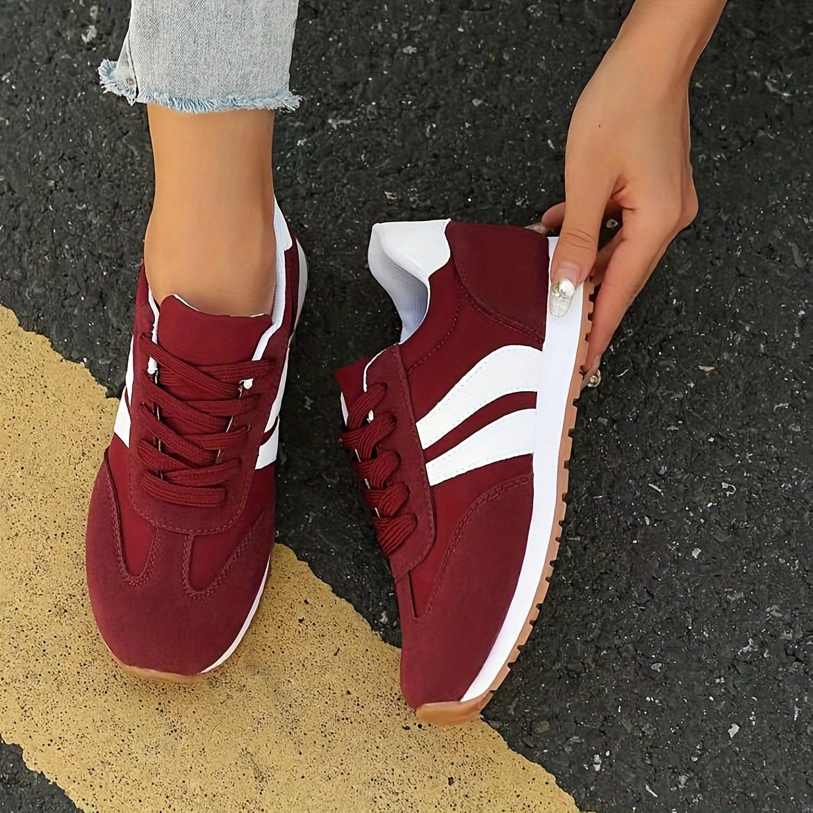 Women's wine red sneakers with soft soles, non-slip, lace-up, and round toes - perfect for students.