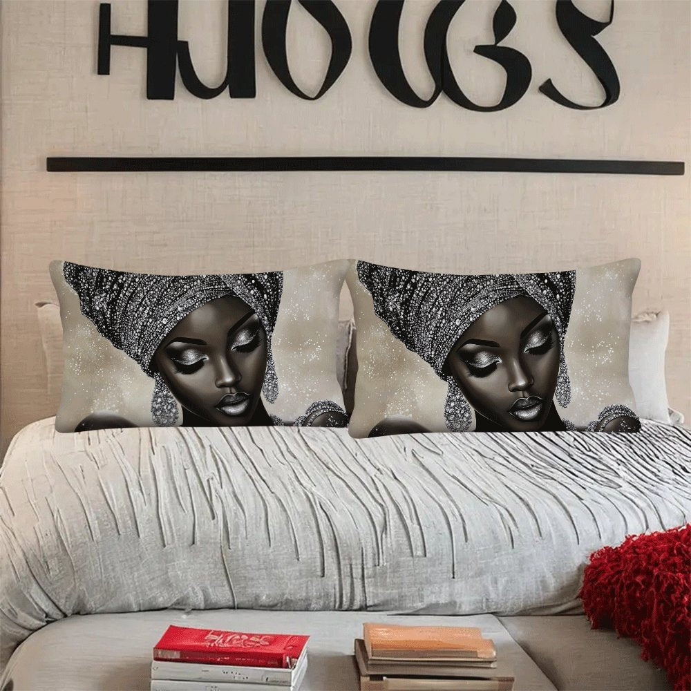 Two African Woman Themed Polyester Pillow Covers in Casual Style, Machine Washable with Zipper Closure. Space-Themed Decorative Cushion Cases designed for Back Sleepers, offering All-Season Comfort for ages 14 and up.