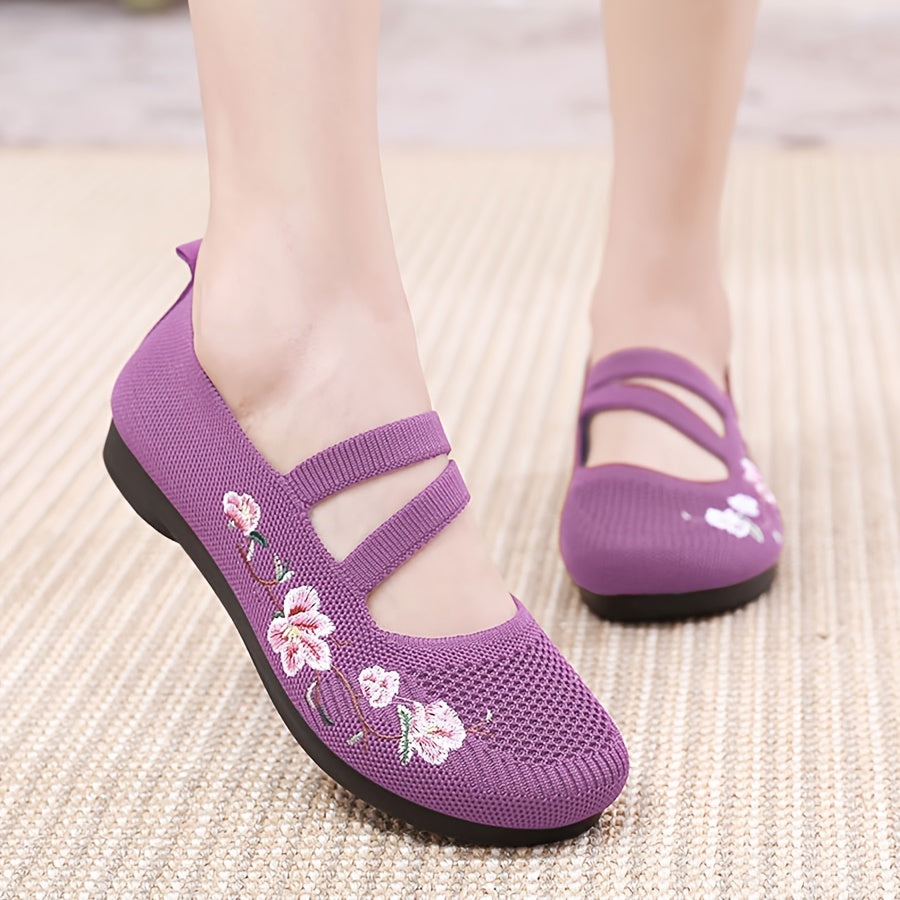 2024 Women's Summer Casual Knit Flats in Purple & Red with Soft Sole & Embroidered Floral Design, Lightweight & Comfortable Textile Footwear