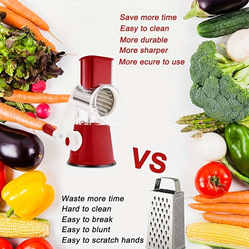 3-in-1 manual food grater set with 3 replaceable blades for cheese, vegetables, and fruit. Large tabletop drum for easy slicing. Rotary grater for easy cleaning and grinding of fruits