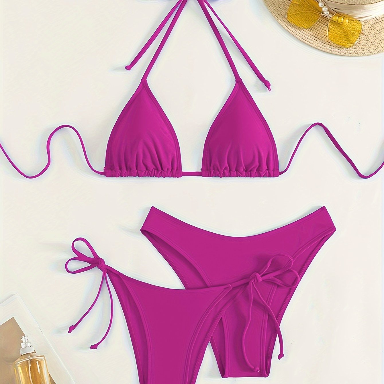 Solid color 3-piece bikini set with halter neck and backless design. Ideal for women's swimwear and clothing.