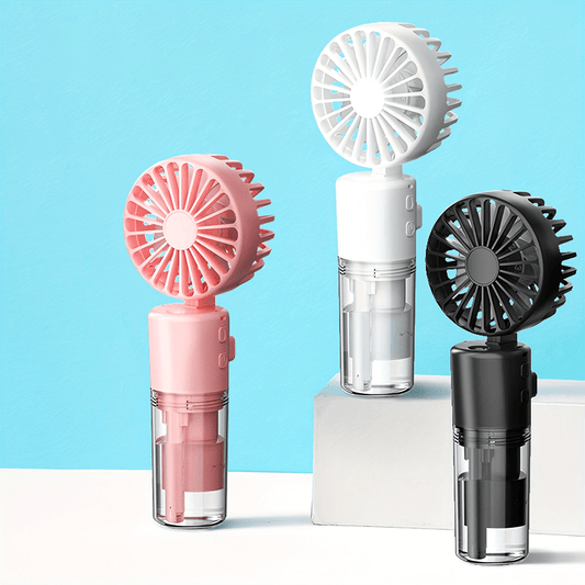 Mini handheld fan with spray mist feature that is compact and portable. It is USB rechargeable with an 800-1.0mAh battery and sleek painted finish. Perfect for both indoor and outdoor cooling comfort, it comes in white and pink options. This personal