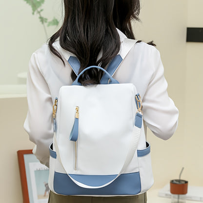 Stylish anti-theft backpack for women, made of lightweight, durable nylon with laptop compartment. Comes in pink, blue, and black.