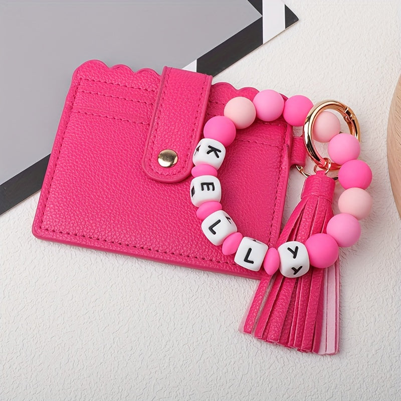 Custom PU Leather Keychain featuring Silicone Beads and Tassel - Add your Name or Initials for a Unique Touch - Great for School, Work, or Special Events