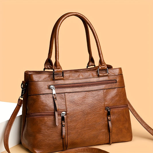 Vintage-style women's satchel purse with detachable strap, zip closure, available in deep brown, grey, yellow, and black.