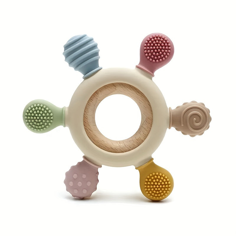 Wooden Baby Teether Ring Shaped like a Rudder, BPA-Free Silicone Material, Ideal Teething Toy for Babies, Perfect Gift for Boys and Girls, Includes Baby Accessories