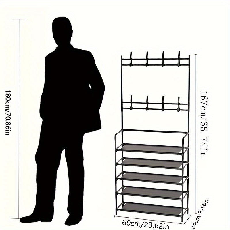 Durable 5-tier black metal shoe and hat rack with 8 hooks, ideal for entryway or living room. Easy assembly and versatile storage solution.