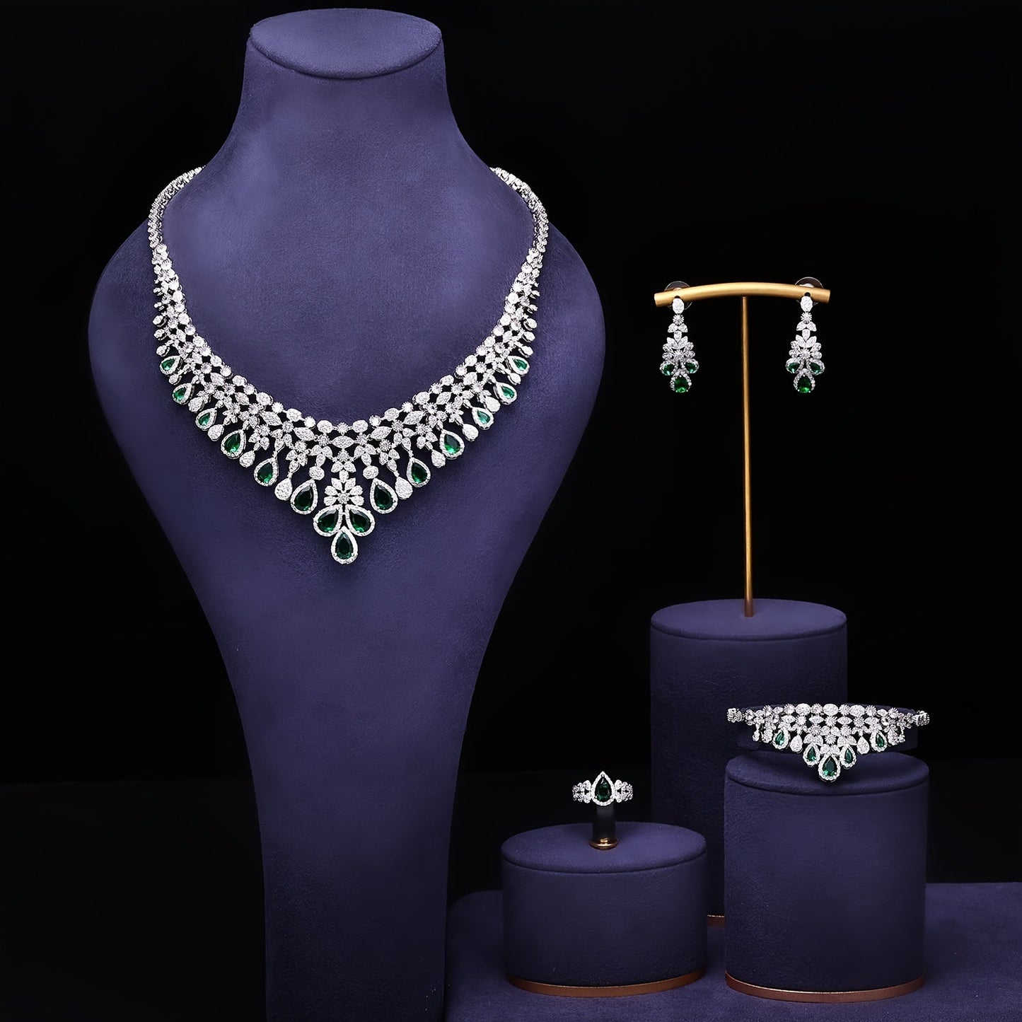 Exquisite Middle Eastern-Inspired Jewelry Collection - Platinum-Plated Copper adorned with Zirconia Details - Perfect for Weddings, Parties, and Ramadan - Includes Necklace, Earrings, Bracelet, and Ring - Timeless Beauty for Every Occasion