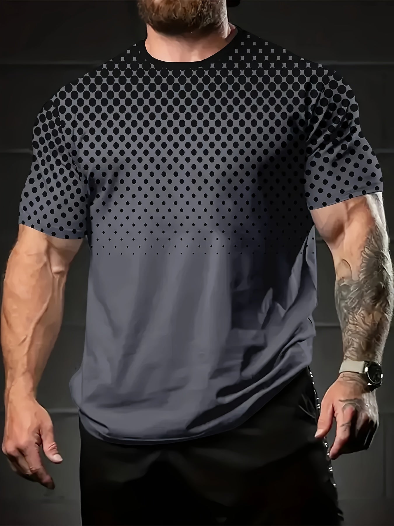 Men's plus size black dot print t-shirt made with breathable quick-dry fabric, loose fit for outdoor wear, 95% polyester and 5% spandex.