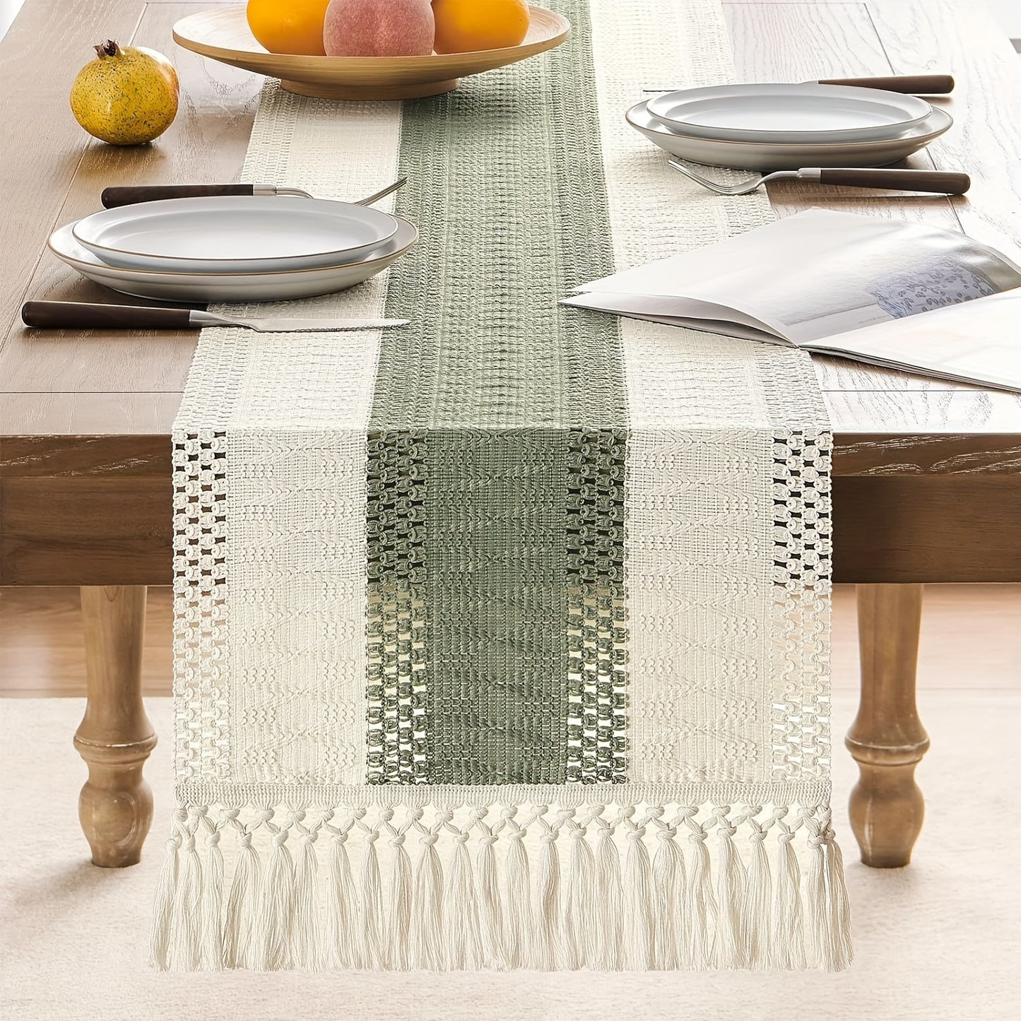 Bohemian sage green striped table runner, perfect for home décor and holiday celebrations.