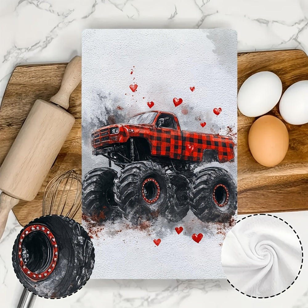 Get your hands on a pair of plush kitchen towels showcasing a Valentine's Day monster truck design in festive red plaid with adorable heart accents. These ultra-soft towels are great for drying dishes and hands, and make a charming addition to your