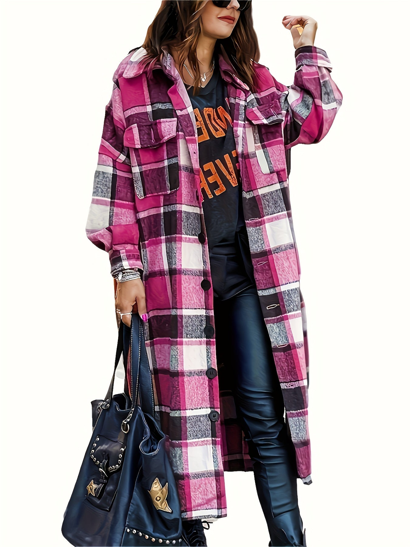 Plus size plaid trench coat with side slits, lapel collar, and commuter fleece-blend for stylish comfort. Machine washable.