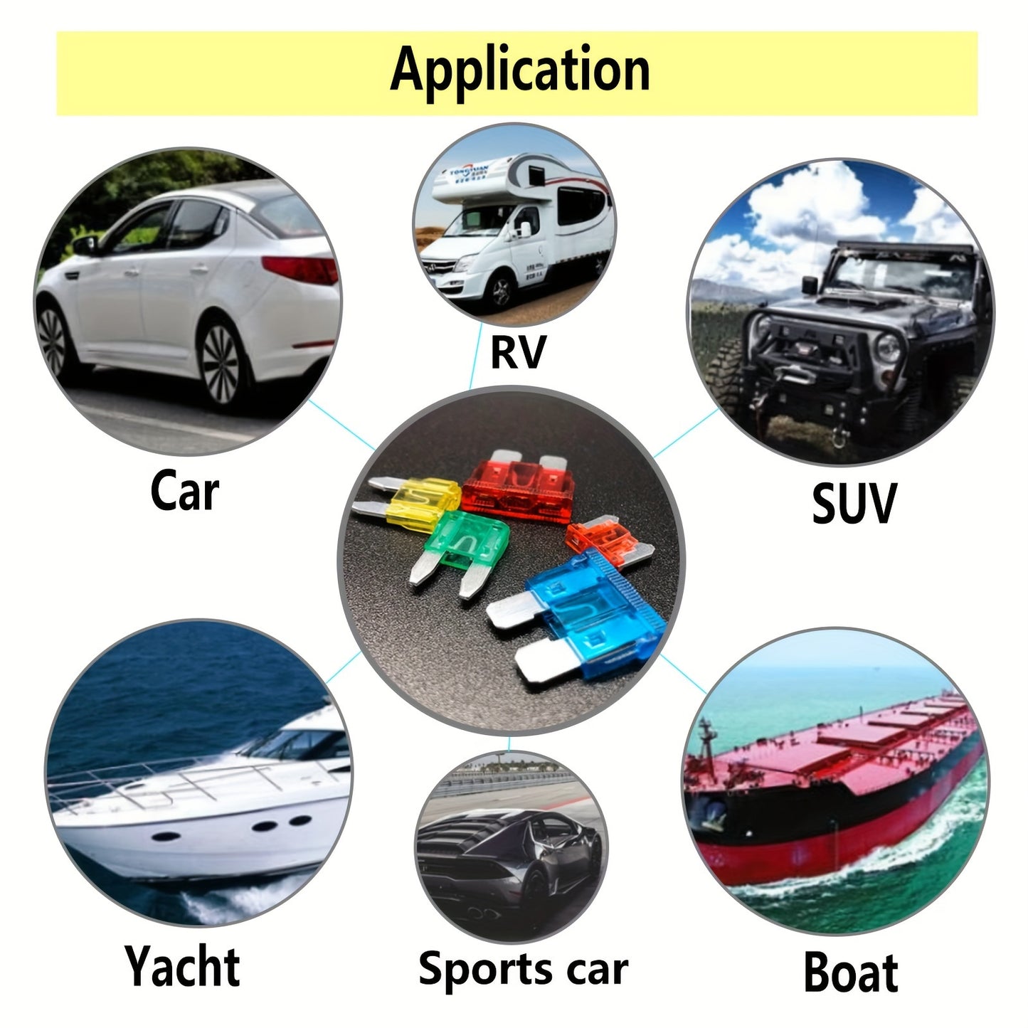 Car blade fuse assortment kit with multiple specifications ranging from 2A to 40A, suitable for various vehicles. Includes a box for storage.