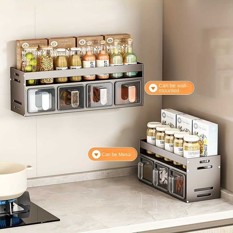 Organize your spices with ease using the Wall Mount Spice Rack Organizer. This hard anodized aluminum hanging shelf includes 5 clear jars for convenient storage. The multipurpose seasoning box holder features comfortable pull handles for added