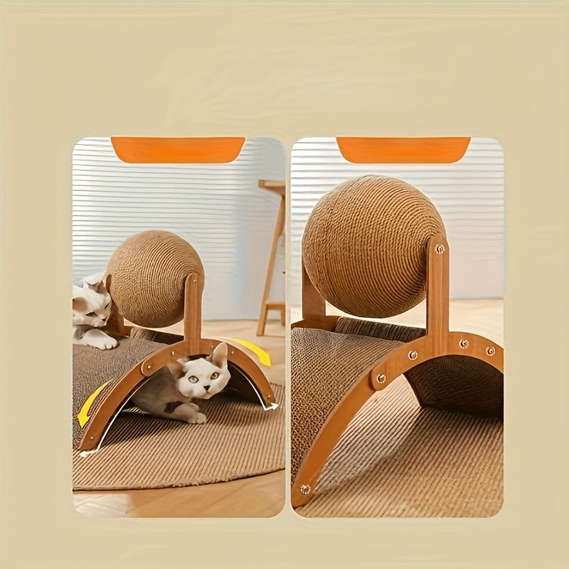 Sturdy wooden base with sisal cat scratcher and interactive ball toy for playful cats.