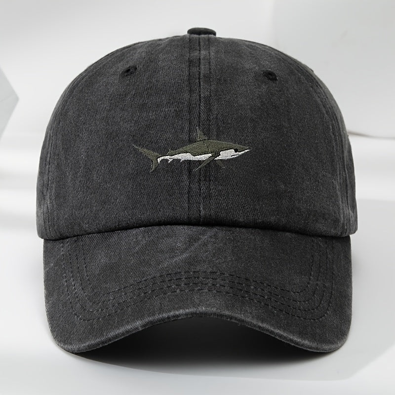 Vintage Shark Embroidery Baseball Cap with adjustable duckbill, made of 100% polyester, hand wash or dry clean only.