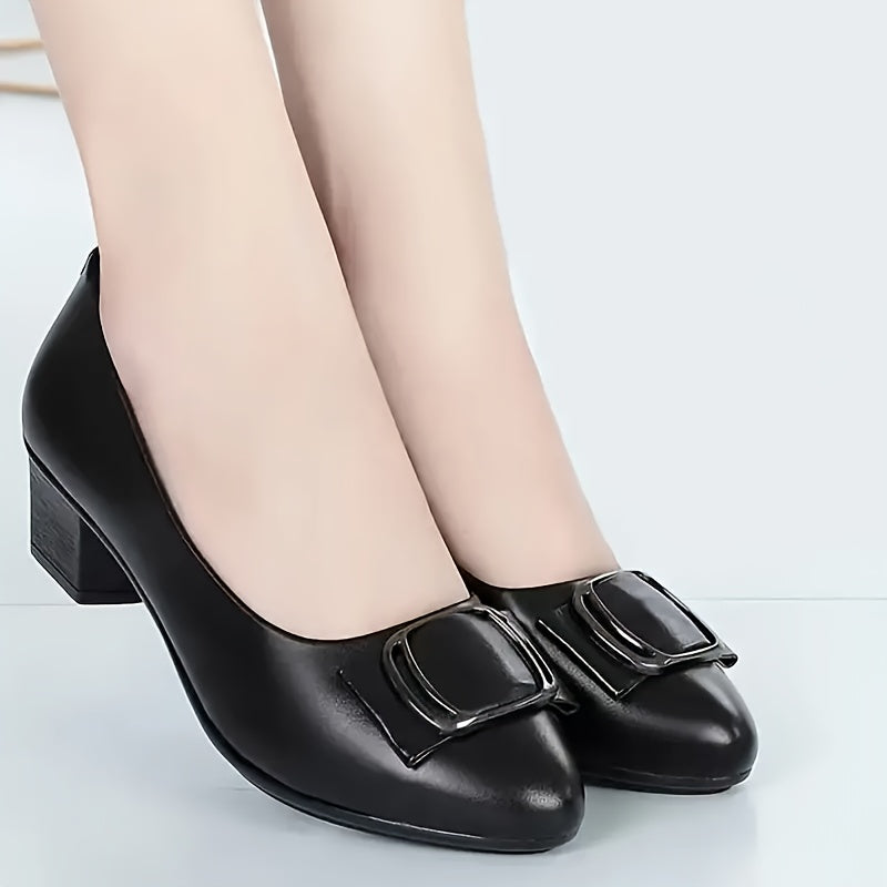 Women's black pumps with mid heel, plain toe, block heel, fabric lining, durable sole, all-season footwear.