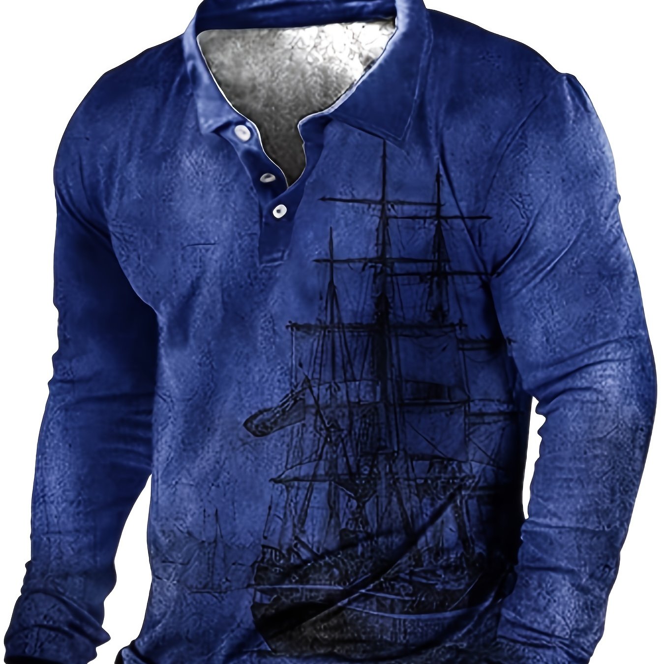 Oversized men's sailboat print shirt for spring/autumn, long sleeve golf shirt, plus size men's clothing