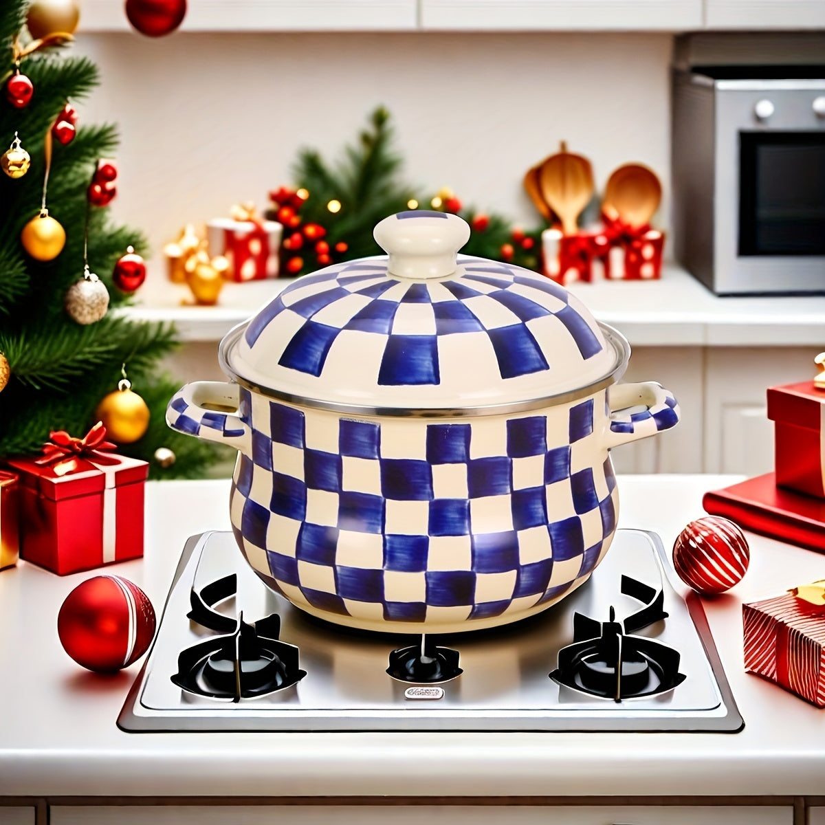 Enamel Saucepan with Lid - Blue and White Checker Pattern, 8.66-inch, Large Capacity Soup Pot and Casserole Dish, Serving Cookware for Table and Kitchen, Compatible with Gas and Electric Stovetops, Ideal Gift for Home and Restaurant