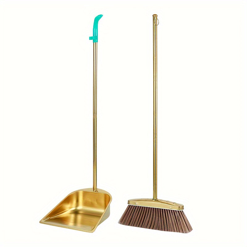 PMMJ Golden Stainless Steel Broom and Dustpan Set - Durable, Long Handle for Indoor/Outdoor Use, Vertical Design for Easy Cleaning, Upgrade Dustpan