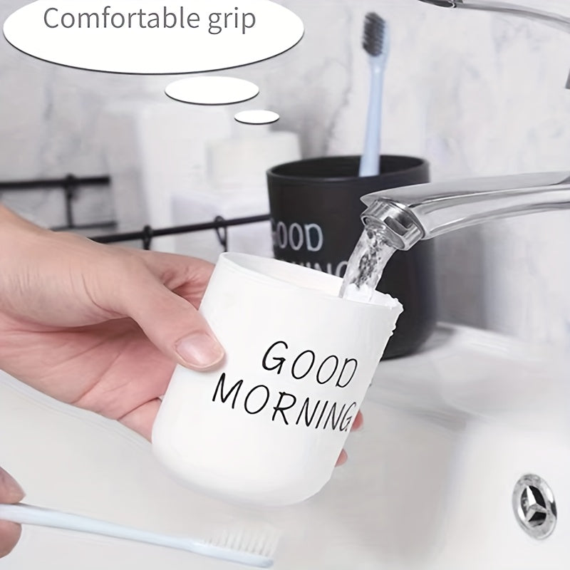 Durable plastic toothbrush holder for couples, ideal for bathroom organization and decor, can hold toothbrushes, toothpaste, and cups.