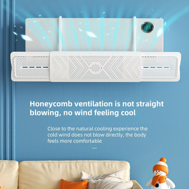 Adjustable airflow deflector with honeycomb ventilation, no power required. Stretchable AC outlet wind blocker for comfortable indirect airflow control. 3-in-1 accessory.