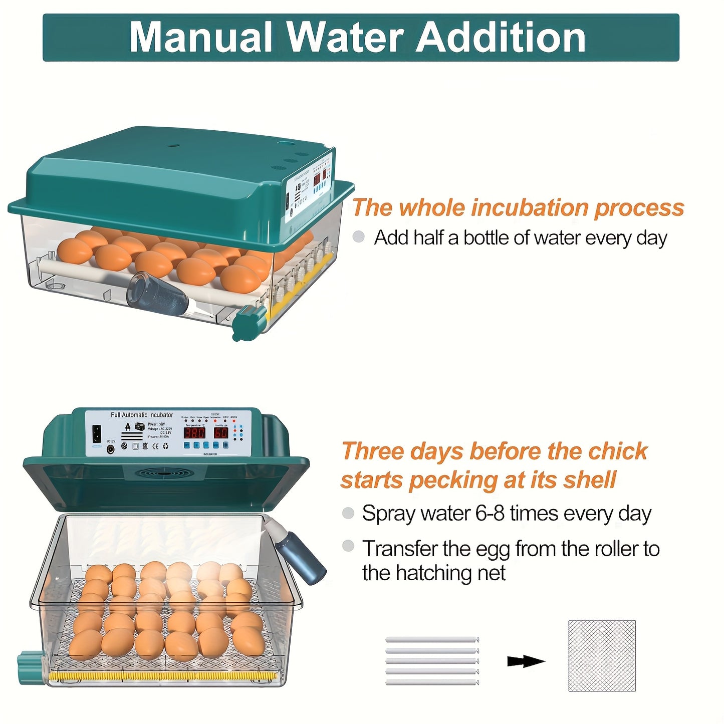 An intelligent automatic incubator can hatch 36 eggs simultaneously, with automatic water addition, temperature, and humidity control. It has one-button setting for incubation modes, smart