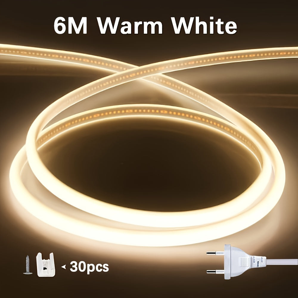 Flexible COB LED Strip Roll, 220V 12W/M High Brightness, Various Lengths, Energy Saving, Cuttable, Outdoor/Indoor Lighting, 1.2m Power Cord.