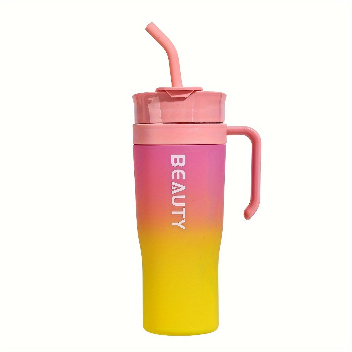 The BEAUTY Portable Water Bottle with Straw is large, lightweight, and suitable for hiking. It is made of plastic and has a round shape, and should be hand washed.