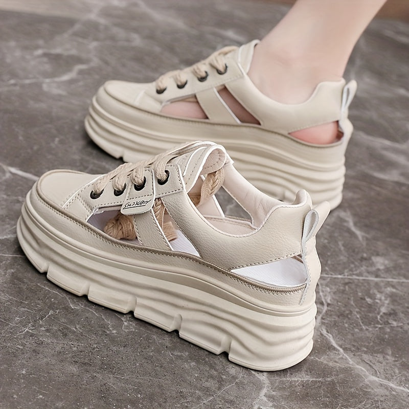 Summer 2024 Women's Breathable Cut-Out Sneakers with Hidden Height Increase, White.