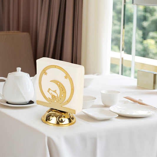 Elevate Your Dining Table Decor with a Stunning Seasonal Napkin Holder Featuring a Crescent Moon Design in Gold Plated Metal - A Sophisticated Standing Tissue Dispenser Ideal for Celebrating Christmas, Halloween, Easter, Hanukkah, and Thanksgiving