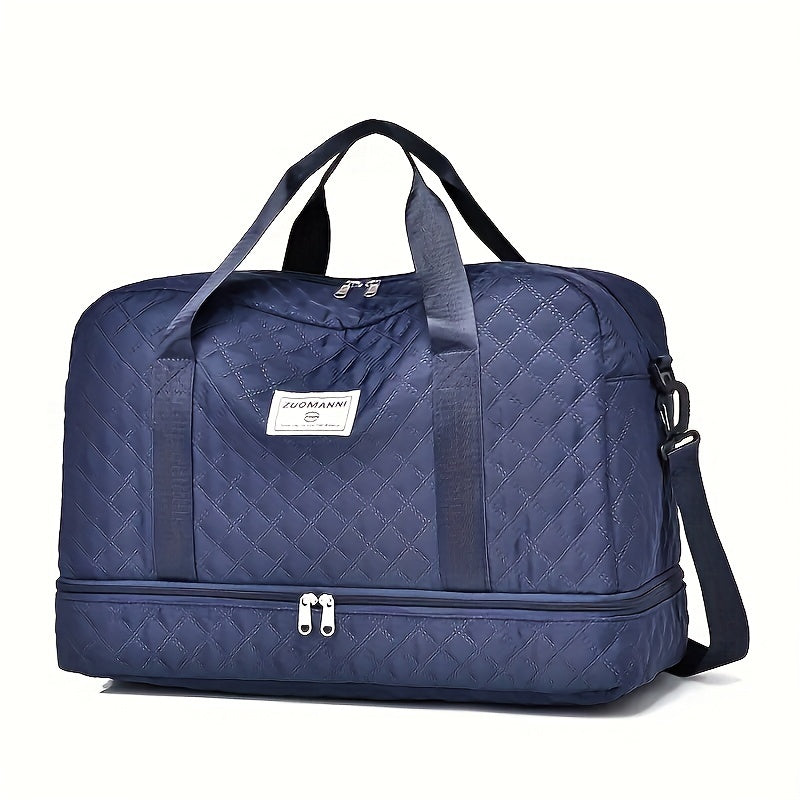 Large luxury duffel bag with multiple compartments for travel and gym use.