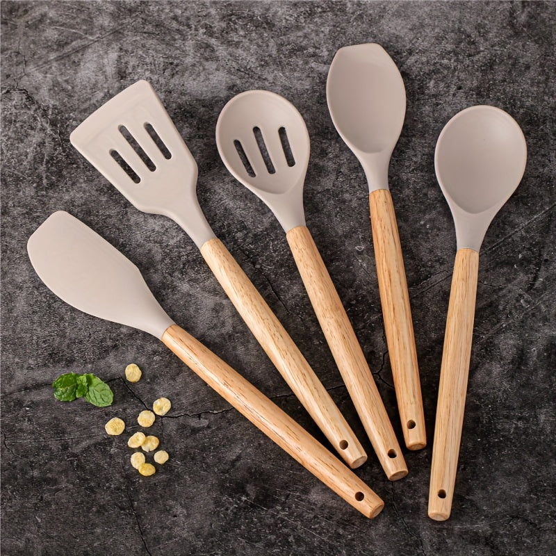 Set of 5 Silicone Kitchen Utensils with Wooden Handles, Non-Stick Cookware, Food-Safe, Easy to Clean Modern Cooking Tools, Must-Have Kitchen Accessories