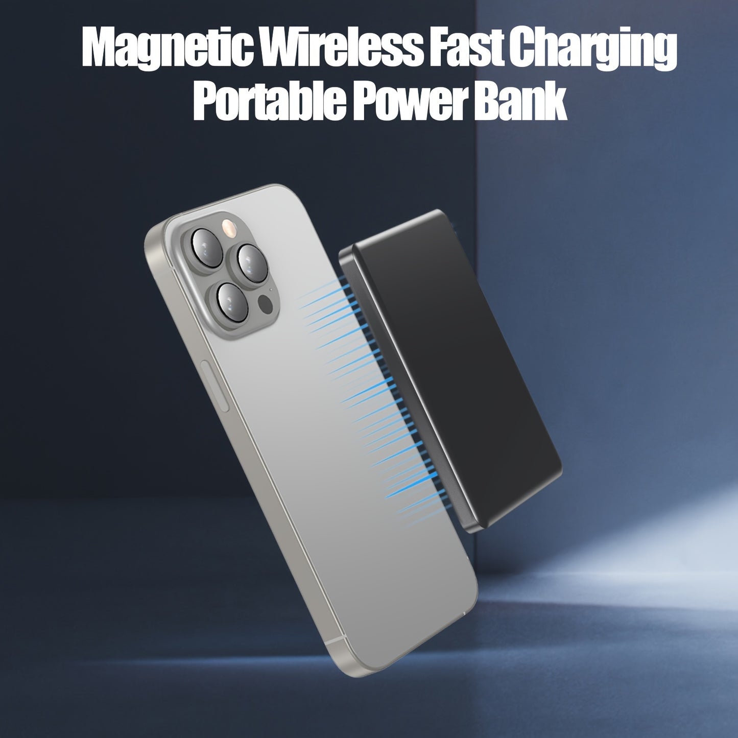 Aluminum wireless power bank with fast charging for iPhone and Android, ideal for travel emergencies.