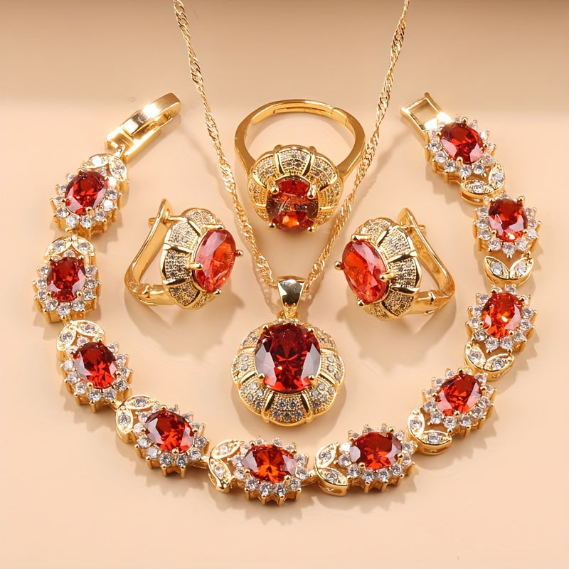 Opulent 5-Piece Women's Jewelry Set - Featuring Earrings, Necklace, Ring & Bracelet adorned with Shimmering Cubic Zirconia - Ideal for Weddings & Special Occasions