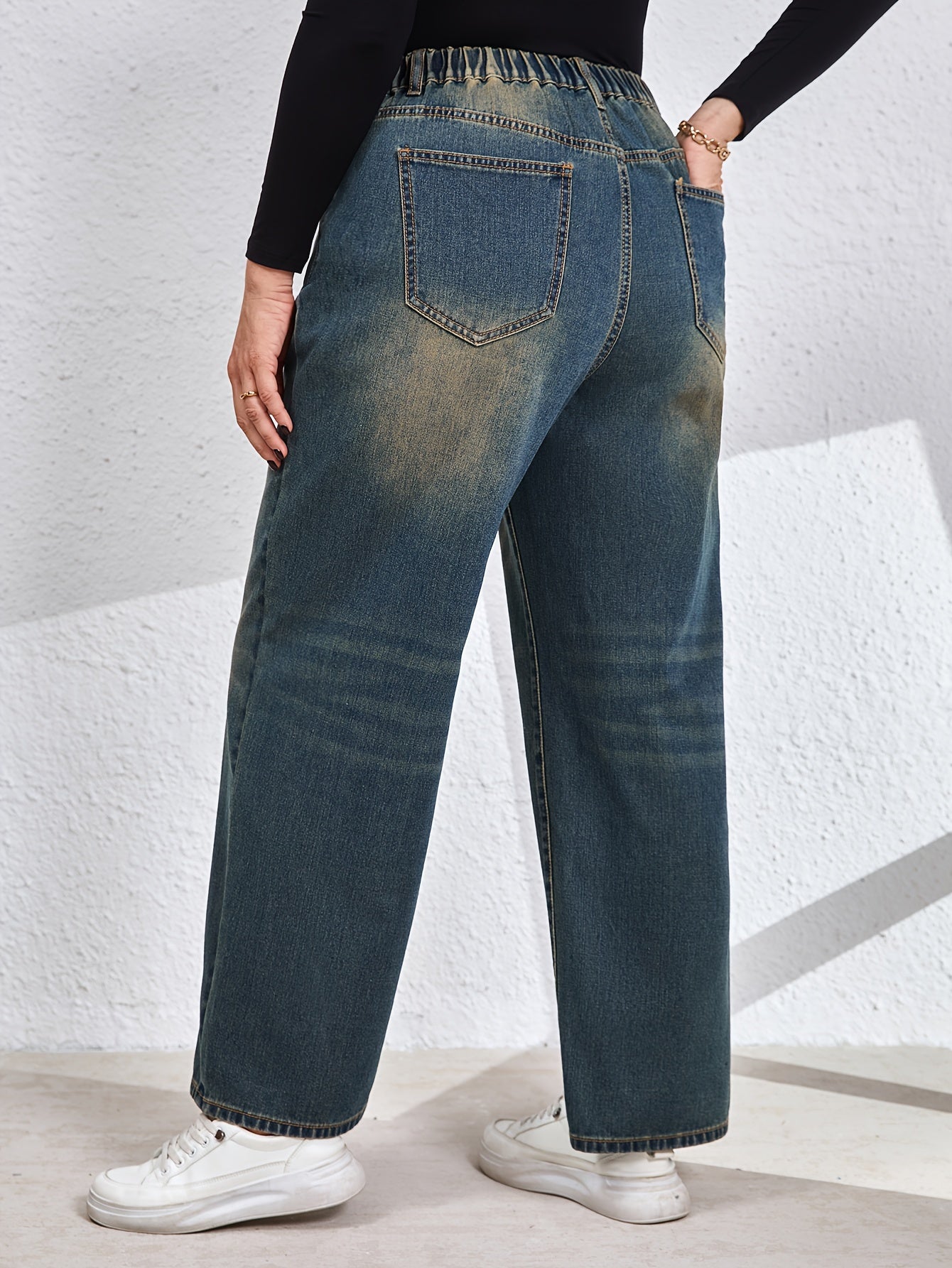 Kiki Angel Straight Leg Jeans, Plus Size, Casual Washed Denim, Solid Color, for Fall/Winter