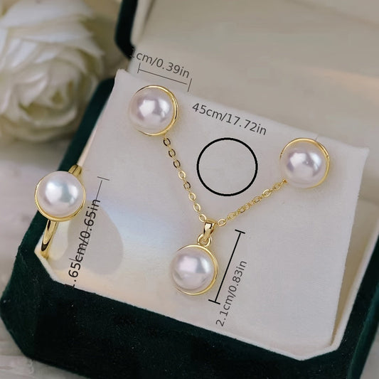 Elegant Freshwater Pearl Jewelry Set with 14K Gold Plating, Simple and Sophisticated Design, Includes Necklace, Earrings, and Ring, Perfect for Daily Wear or Gifting, High-Quality Luxurious Set Presented in a Red Gift Box