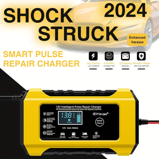 Enhanced version of 12V 6A Smart Pulse Repair Charger for vehicles with LCD display, European plug, Type-C, overcharge & short circuit protection, suitable for motorbike maintenance.