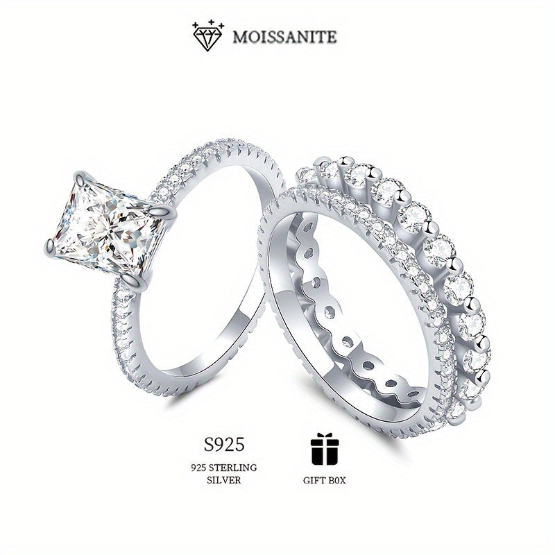 3-Piece Set of Classic Princess Beaded Stacking Rings for Women, featuring 2ct and 3ct Rectangular Moissanite Stones in Hypoallergenic 925 Sterling Silver. Perfect Valentine's Day Gift, Engagement, or Wedding Ring. Includes Moissanite Certificate and