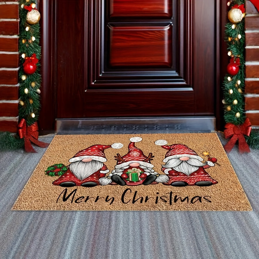 1 or 2 pieces of Christmas Gnome Welcome Doormat, designed for indoor and outdoor use. This washable low pile mat features non-slip rubber backing and is absorbent, making it suitable for use as a bath mat, RV mat, farmhouse kitchen rug, or in the