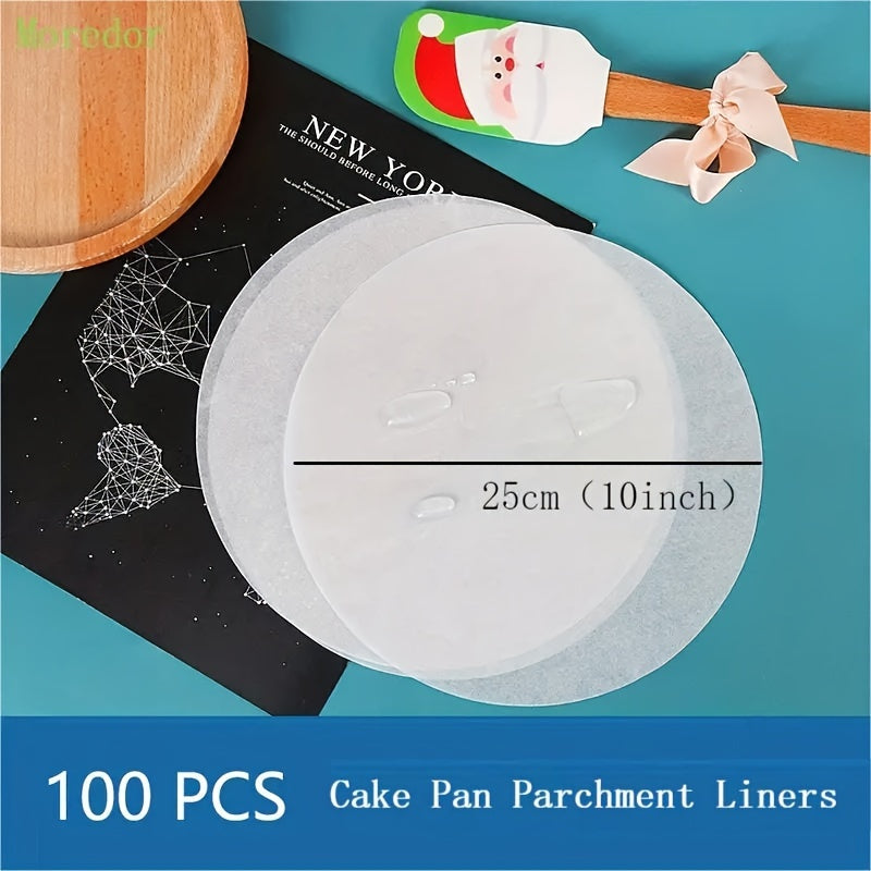 25cm round paper mats for 10'' cake pans, suitable for baking, grilling, steaming, microwave, and air fryer. Kitchen essential for non-stick baking.