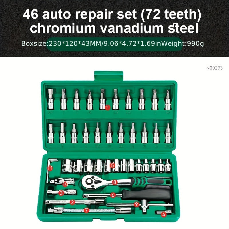 46-piece Ratchet & Socket Wrench Set in 1/4" Drive, Includes Extension Bar, Ideal for Auto Repair - Strong Metal Build, Light Green Color