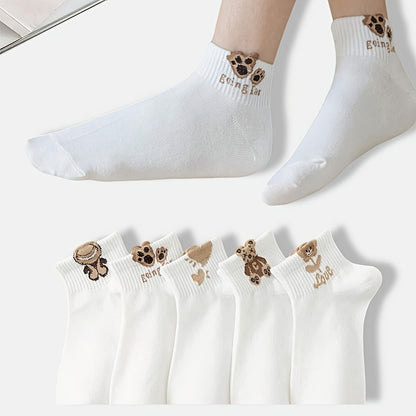 5 pairs of cute cartoon print white socks for women, soft and breathable.