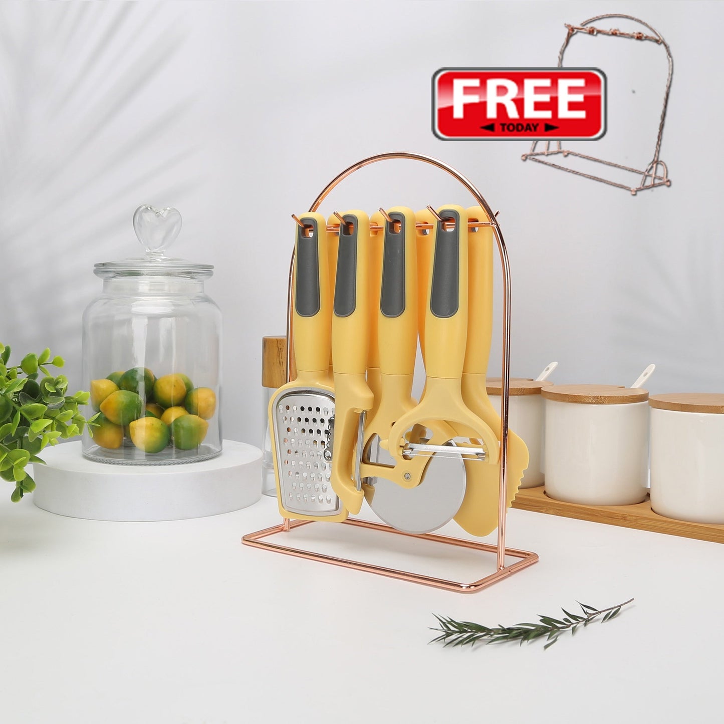 Elegant Kitchen Utensil Set with Holder - 8 Pieces Including Peeler, Pizza Cutter, Grater, Ice & Cheese Spatula, Fruit Scoop, and Citrus Juicer - Made with Durable ABS, Easy to Clean, Ideal for Home Cooking, Weddings, and Gifts