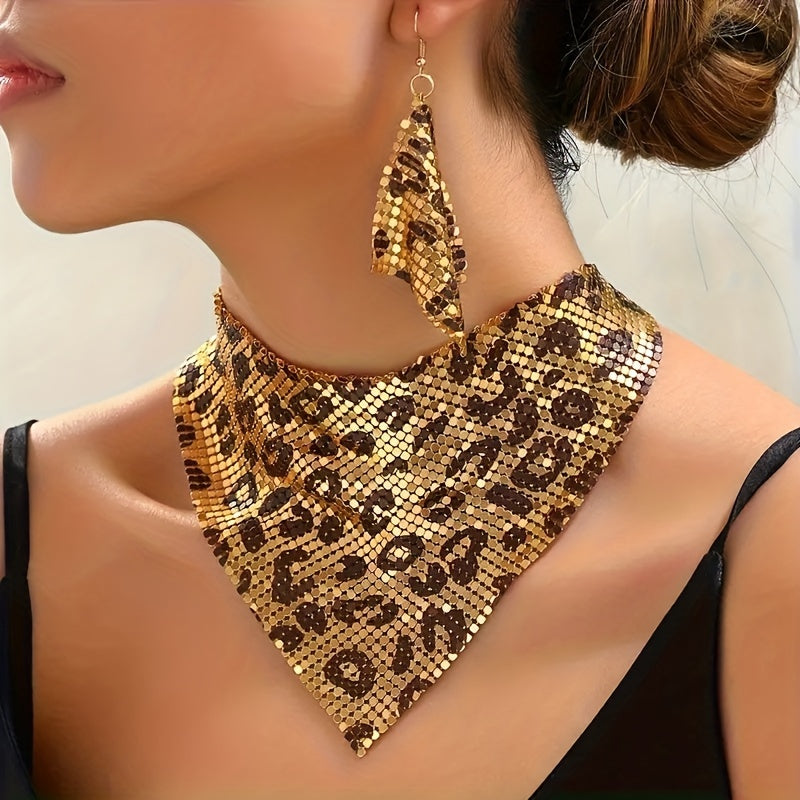 Set of stylish retro triangle scarf, shimmering silky scarf with sequins, elaborate false collar, bold leopard print statement collarbone necklace and earrings for women with a distinctive personality.