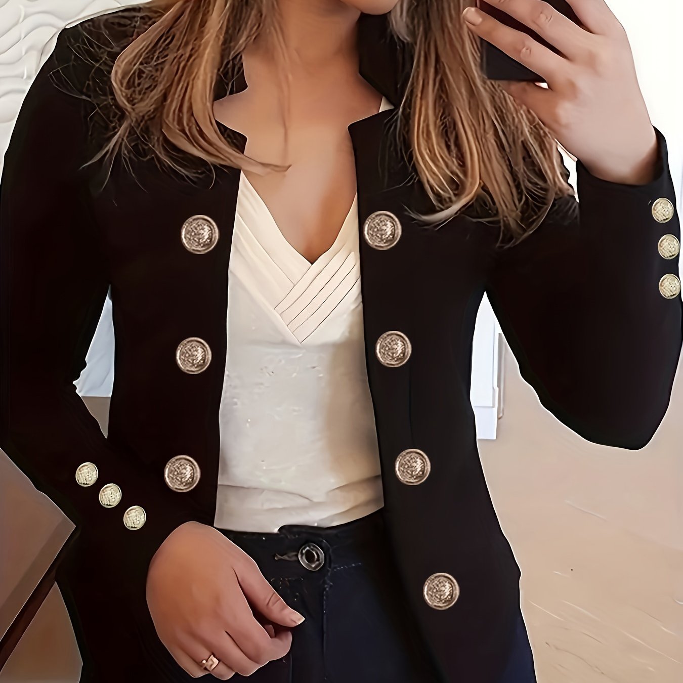 Elegant solid color women's knit jacket with double-breasted front and cuff buttons.