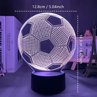 3D soccer ball illusion LED nightlight, geometric pattern, touch control, ideal for various spaces, sports theme, USB powered.