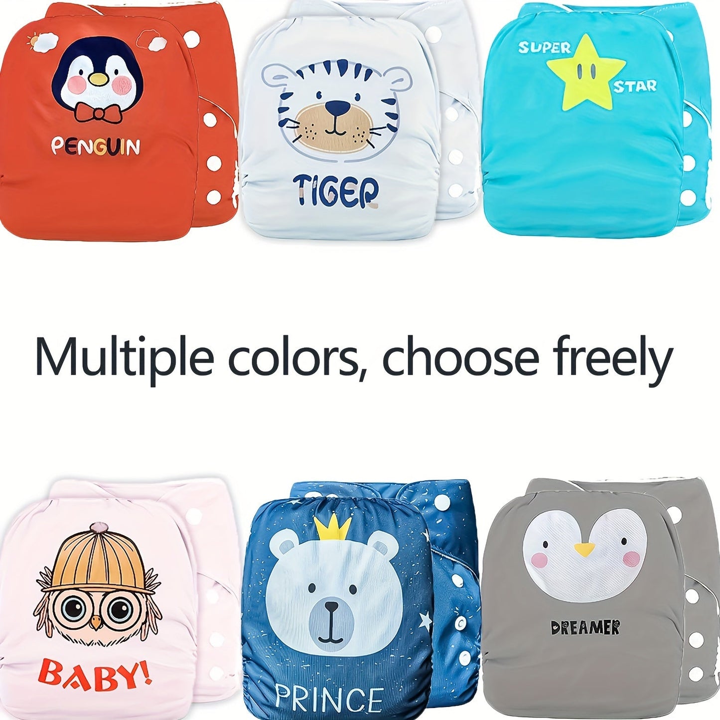 Reusable training pants for babies and toddlers aged 0-3 years come in a 2-pack set. These polyester cloth diapers feature adjustable snaps and are the ideal holiday gift. Choose from unisex designs including Penguin, Tiger, Prince, and Dreamer.